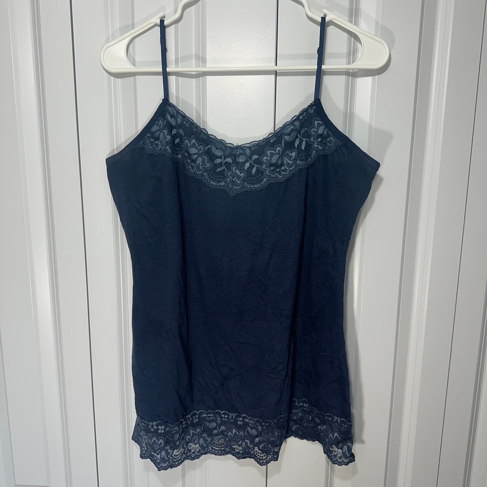 Maurices Camisole Top Womens Large Navy Blue Lace Trim Crinkle Y2K Bella Swan